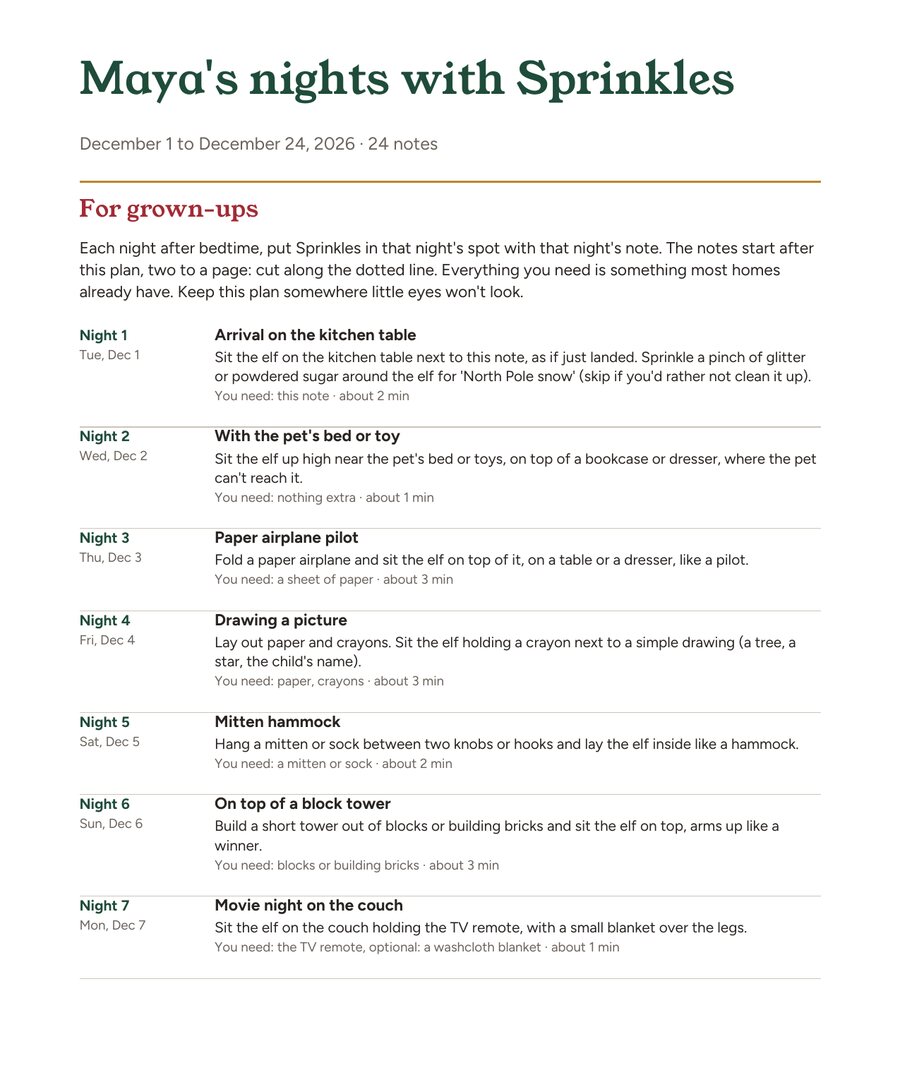 Real first page of a sample order: a 24-night hiding plan for Maya's elf, Sprinkles, with what you need and how long each takes.